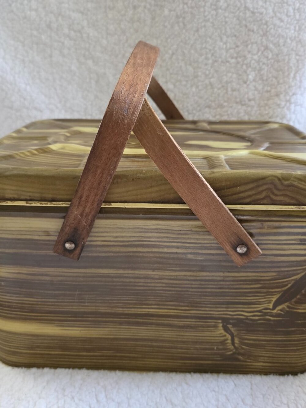Vintage Metal Picnic Basket Wooden Handles